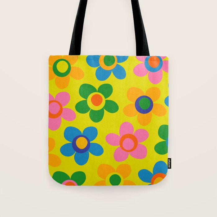Colorful Maisie Flowers Cheerful Retro Contemporary Floral Pattern on Yellow Tote Bag Gallery Image 1