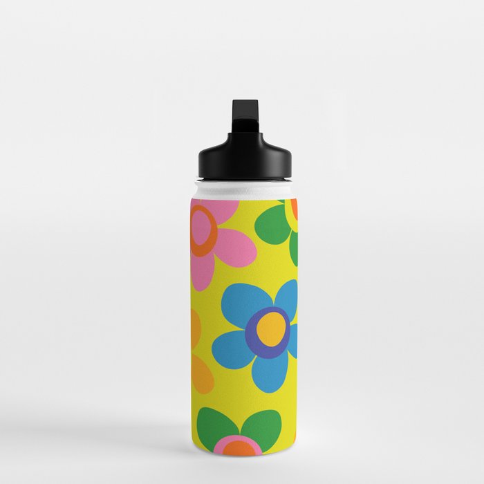 Colorful Maisie Flowers Cheerful Retro Contemporary Floral Pattern on Yellow Water Bottle Gallery Image 3
