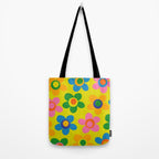 Colorful Maisie Flowers Cheerful Retro Contemporary Floral Pattern on Yellow Tote Bag Gallery Image 2