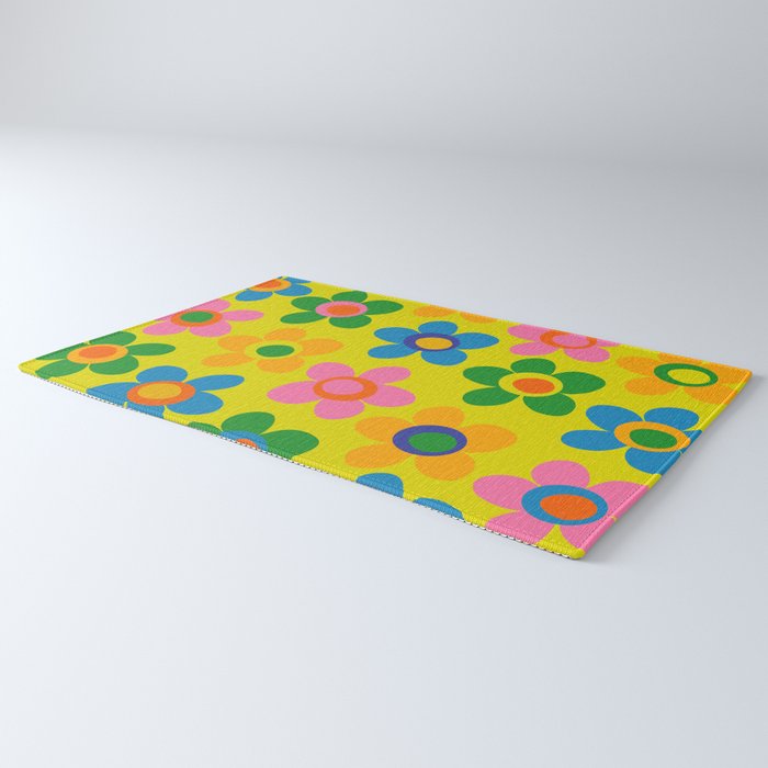 Colorful Maisie Flowers Cheerful Retro Contemporary Floral Pattern on Yellow Rug Gallery Image 3
