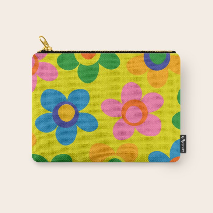 Colorful Maisie Flowers Cheerful Retro Contemporary Floral Pattern on Yellow Carry All Pouch Gallery Image 1
