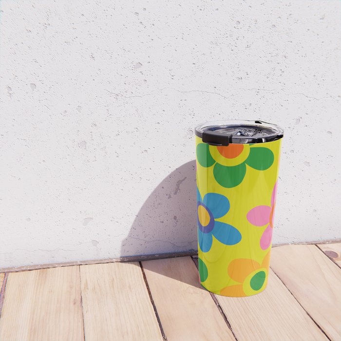 Colorful Maisie Flowers Cheerful Retro Contemporary Floral Pattern on Yellow Travel Mug Gallery Image 4