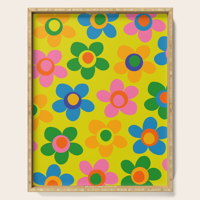Colorful Maisie Flowers Cheerful Retro Contemporary Floral Pattern on Yellow Serving Tray Gallery Image 1