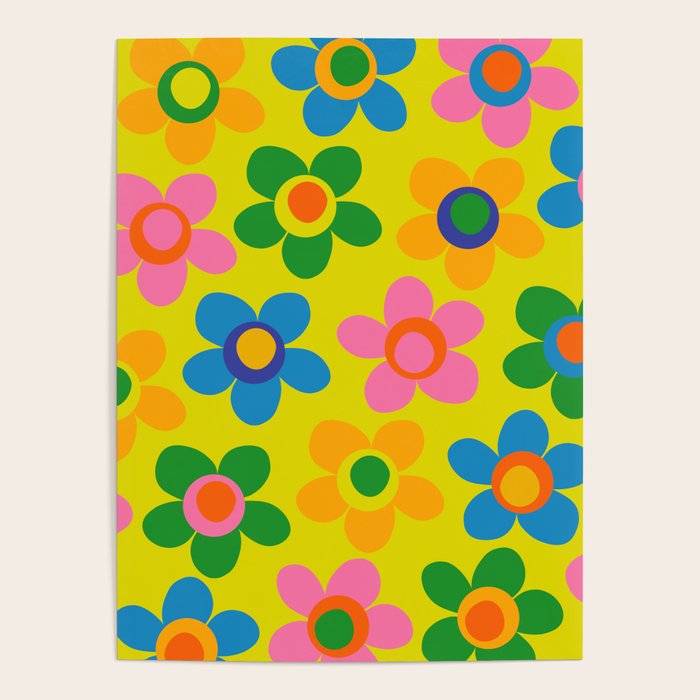 Colorful Maisie Flowers Cheerful Retro Contemporary Floral Pattern on Yellow Poster Gallery Image 4