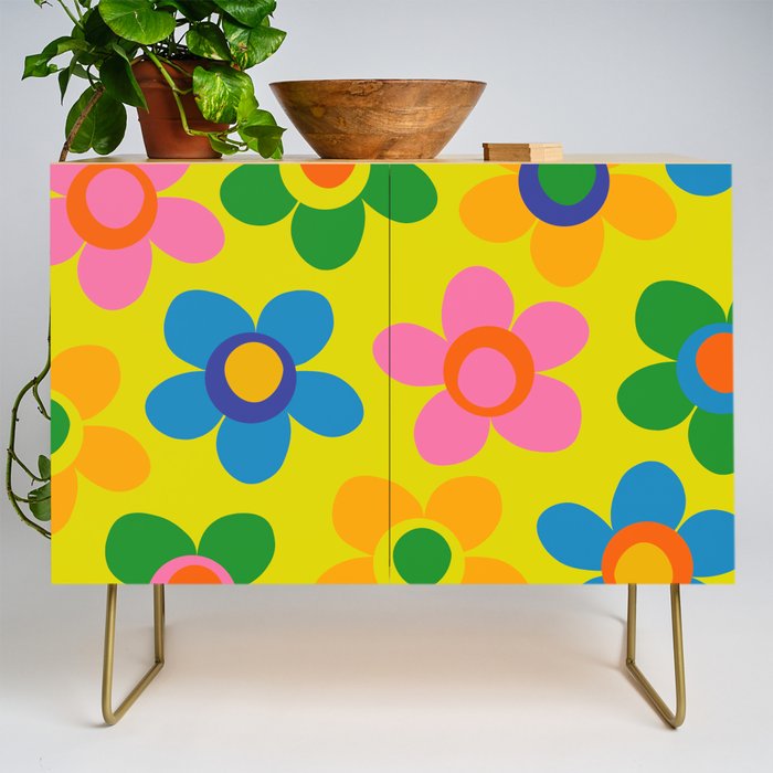 Colorful Maisie Flowers Cheerful Retro Contemporary Floral Pattern on Yellow Credenza Gallery Image 1