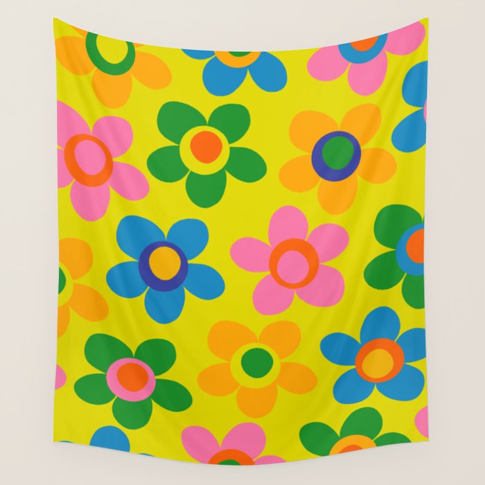 Colorful Maisie Flowers Cheerful Retro Contemporary Floral Pattern on Yellow Wall Tapestry Gallery Image 1