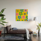 Colorful Maisie Flowers Cheerful Retro Contemporary Floral Pattern on Yellow Wood Wall Art Gallery Image 2