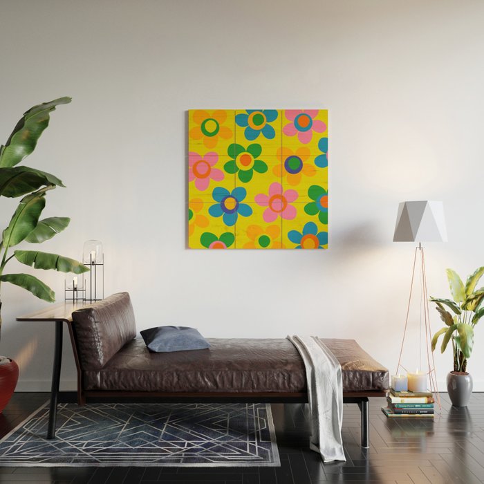 Colorful Maisie Flowers Cheerful Retro Contemporary Floral Pattern on Yellow Wood Wall Art Gallery Image 2