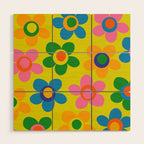 Colorful Maisie Flowers Cheerful Retro Contemporary Floral Pattern on Yellow Wood Wall Art Gallery Image 1