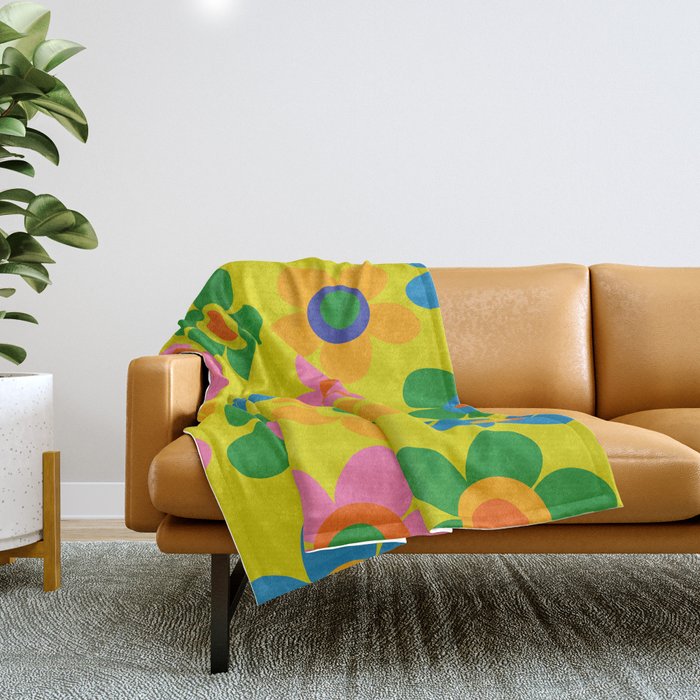Colorful Maisie Flowers Cheerful Retro Contemporary Floral Pattern on Yellow Throw Blanket Gallery Image 1