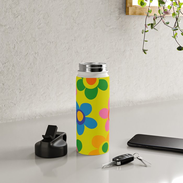 Colorful Maisie Flowers Cheerful Retro Contemporary Floral Pattern on Yellow Water Bottle Gallery Image 4