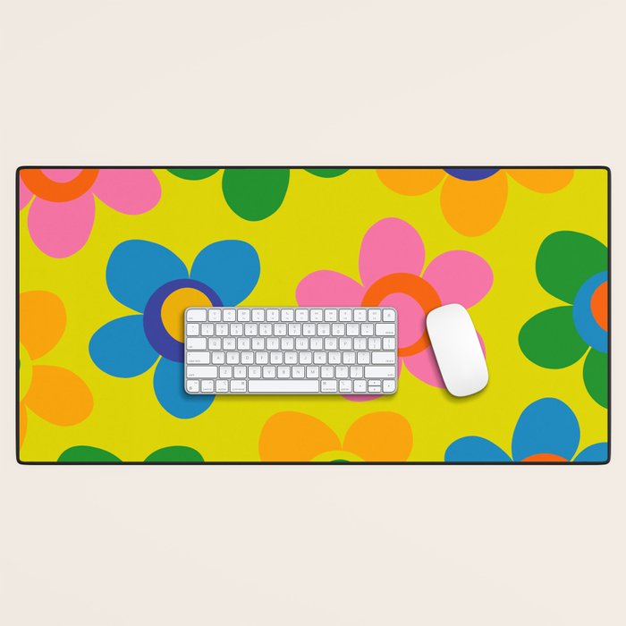 Colorful Maisie Flowers Cheerful Retro Contemporary Floral Pattern on Yellow Desk Mat Gallery Image 1