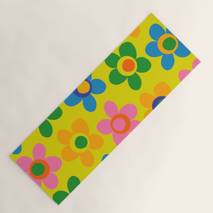 Colorful Maisie Flowers Cheerful Retro Contemporary Floral Pattern on Yellow Yoga Mat Gallery Image 1