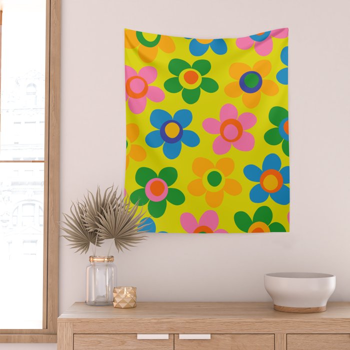 Colorful Maisie Flowers Cheerful Retro Contemporary Floral Pattern on Yellow Wall Tapestry Gallery Image 2