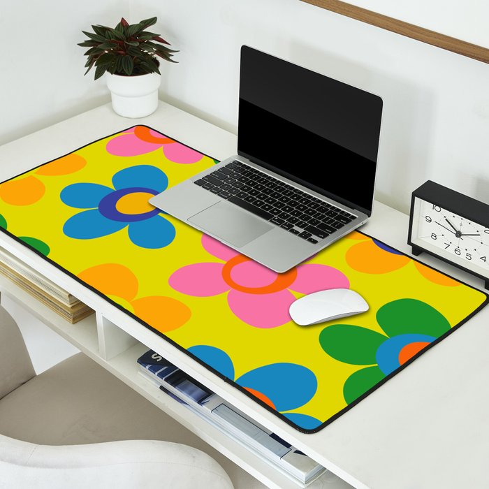 Colorful Maisie Flowers Cheerful Retro Contemporary Floral Pattern on Yellow Desk Mat Gallery Image 2