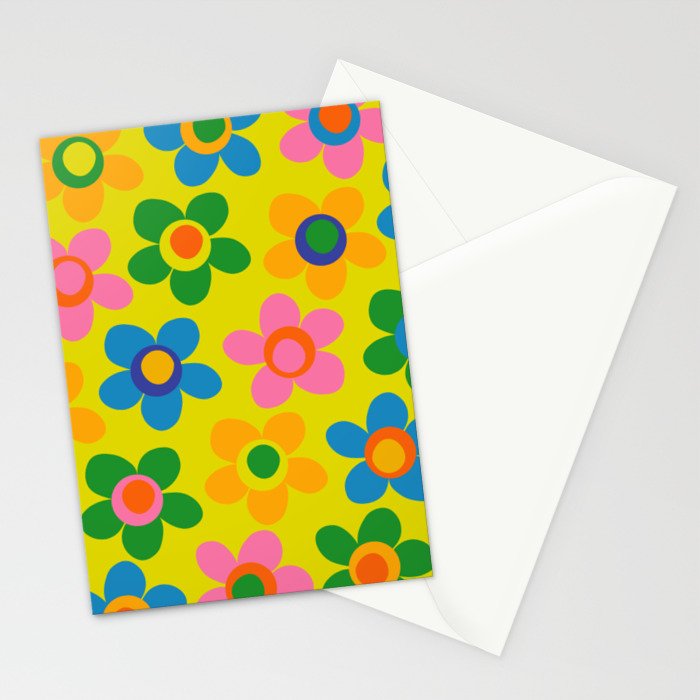 Colorful Maisie Flowers Cheerful Retro Contemporary Floral Pattern on Yellow Stationery Card Gallery Image 2