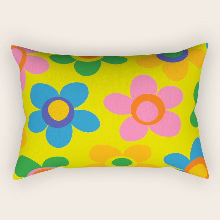 Colorful Maisie Flowers Cheerful Retro Contemporary Floral Pattern on Yellow Rectangular Pillow Gallery Image 1