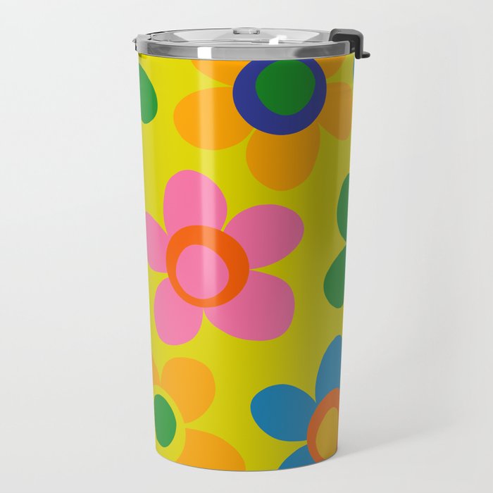 Colorful Maisie Flowers Cheerful Retro Contemporary Floral Pattern on Yellow Travel Mug Gallery Image 2