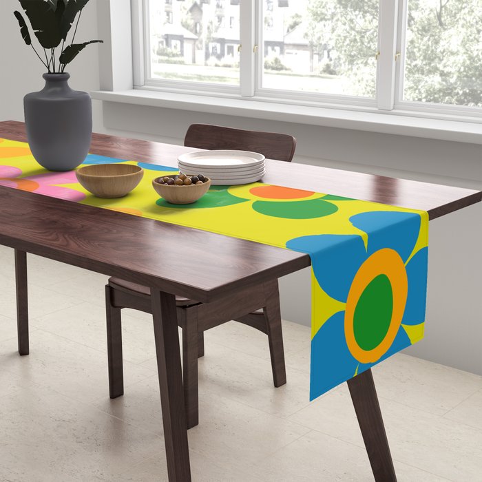 Colorful Maisie Flowers Cheerful Retro Contemporary Floral Pattern on Yellow Table Runner Gallery Image 2