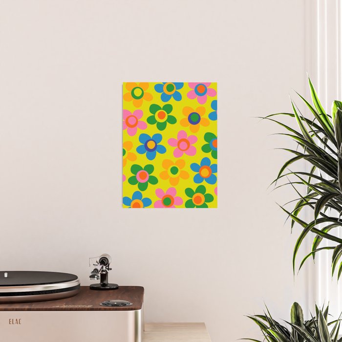Colorful Maisie Flowers Cheerful Retro Contemporary Floral Pattern on Yellow Poster Gallery Image 2