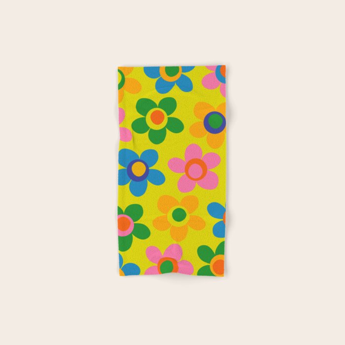 Colorful Maisie Flowers Cheerful Retro Contemporary Floral Pattern on Yellow Bath Towel Gallery Image 1