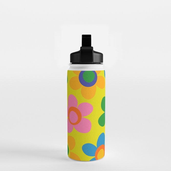 Colorful Maisie Flowers Cheerful Retro Contemporary Floral Pattern on Yellow Water Bottle Gallery Image 2