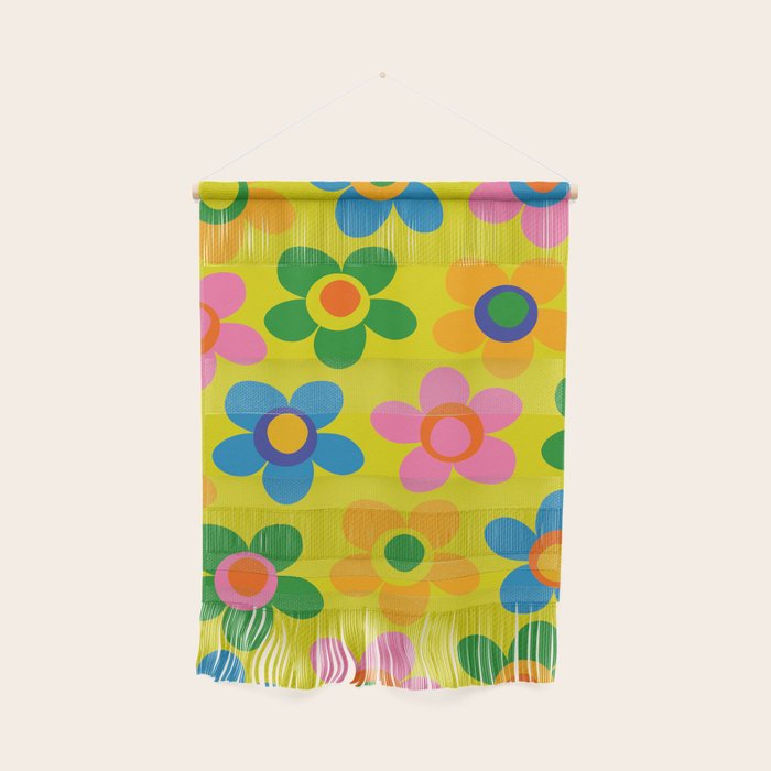 Colorful Maisie Flowers Cheerful Retro Contemporary Floral Pattern on Yellow Wall Hanging Gallery Image 1