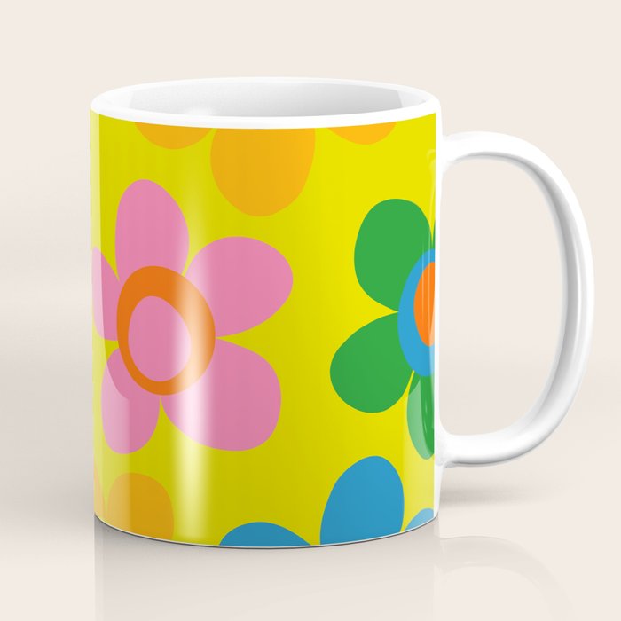 Colorful Maisie Flowers Cheerful Retro Contemporary Floral Pattern on Yellow Coffee Mug Gallery Image 1