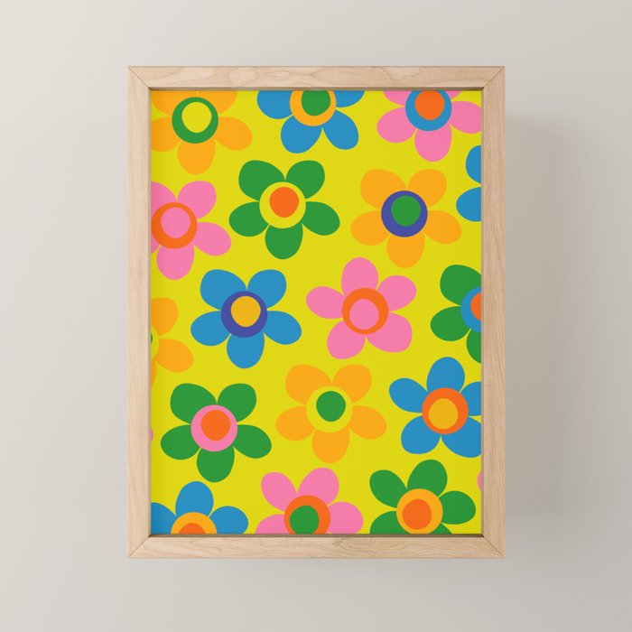 Colorful Maisie Flowers Cheerful Retro Contemporary Floral Pattern on Yellow Mini Art Print Gallery Image 1