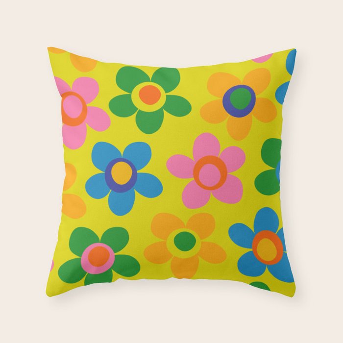Colorful Maisie Flowers Cheerful Retro Contemporary Floral Pattern on Yellow Throw Pillow Gallery Image 1