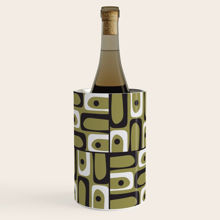 Mid Century Modern Abstract Geometric Piquet Multi Pattern in Retro Olive Black White Wine Chiller Gallery Image 1