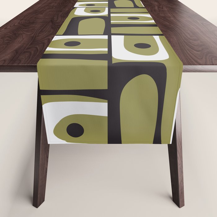 Mid Century Modern Abstract Geometric Piquet Multi Pattern in Retro Olive Black White Table Runner Gallery Image 1