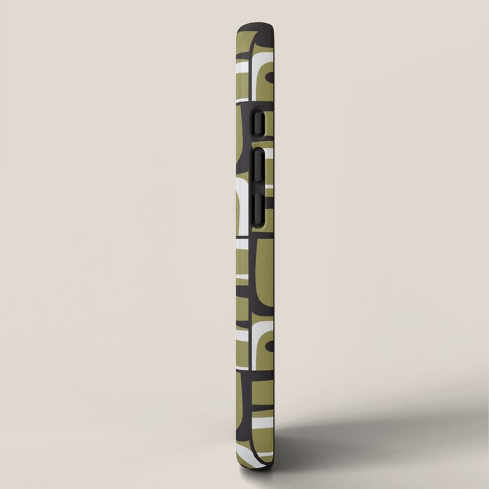 Mid Century Modern Abstract Geometric Piquet Multi Pattern in Retro Olive Black White iPhone Case Gallery Image 2