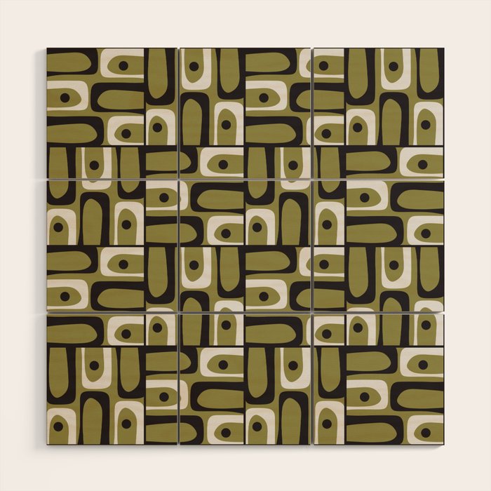 Mid Century Modern Abstract Geometric Piquet Multi Pattern in Retro Olive Black White Wood Wall Art Gallery Image 1