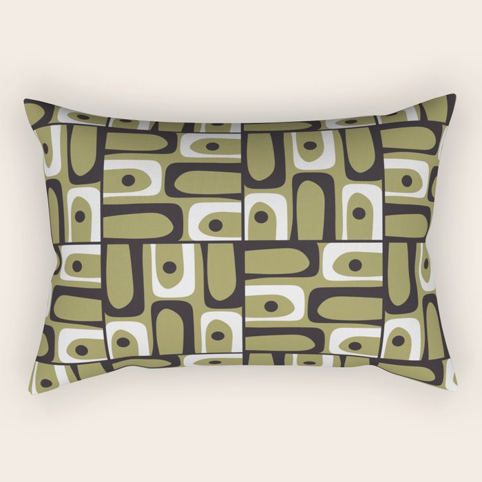 Mid Century Modern Abstract Geometric Piquet Multi Pattern in Retro Olive Black White Rectangular Pillow Gallery Image 2