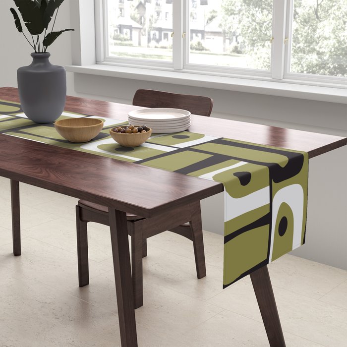 Mid Century Modern Abstract Geometric Piquet Multi Pattern in Retro Olive Black White Table Runner Gallery Image 2