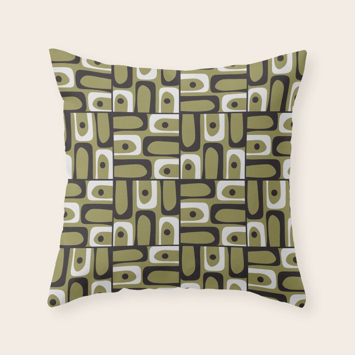 Mid Century Modern Abstract Geometric Piquet Multi Pattern in Retro Olive Black White Throw Pillow Gallery Image 1