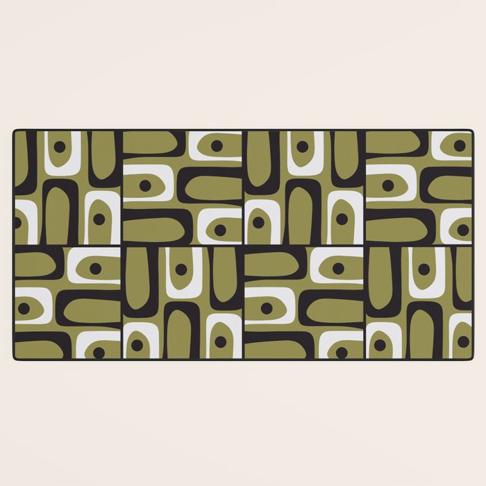Mid Century Modern Abstract Geometric Piquet Multi Pattern in Retro Olive Black White Desk Mat Gallery Image 3