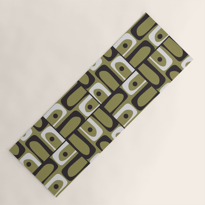 Mid Century Modern Abstract Geometric Piquet Multi Pattern in Retro Olive Black White Yoga Mat Gallery Image 1
