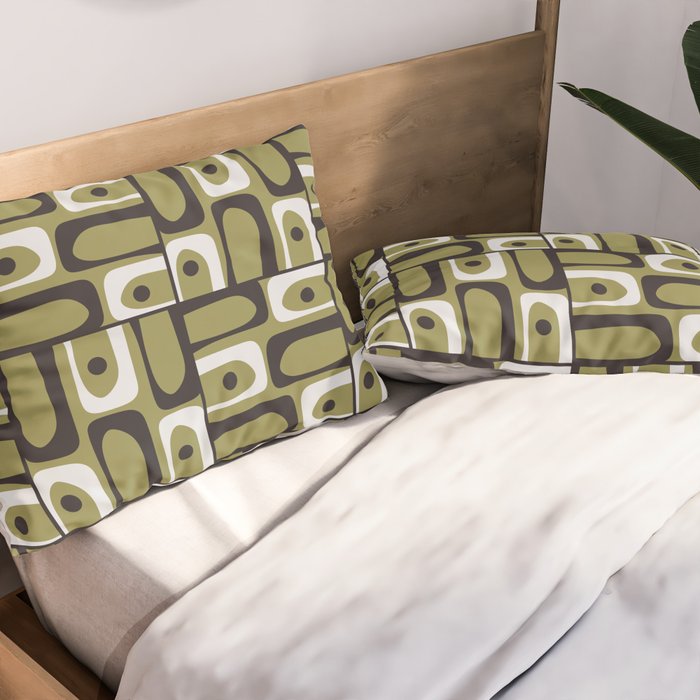 Mid Century Modern Abstract Geometric Piquet Multi Pattern in Retro Olive Black White Pillow Sham Gallery Image 2