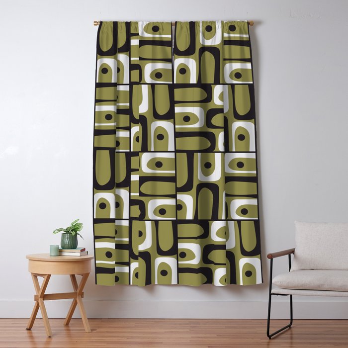 Mid Century Modern Abstract Geometric Piquet Multi Pattern in Retro Olive Black White Window Curtain Gallery Image 5