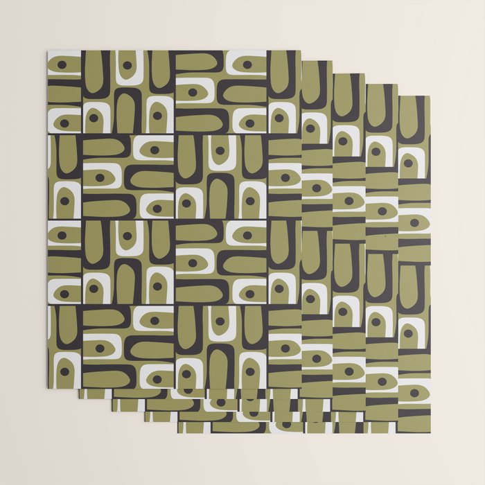 Mid Century Modern Abstract Geometric Piquet Multi Pattern in Retro Olive Black White Wrapping Paper Gallery Image 3