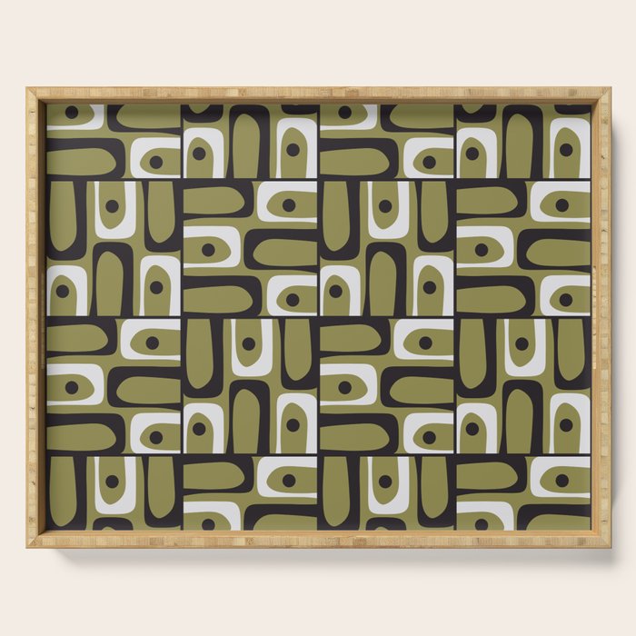 Mid Century Modern Abstract Geometric Piquet Multi Pattern in Retro Olive Black White Serving Tray Gallery Image 1