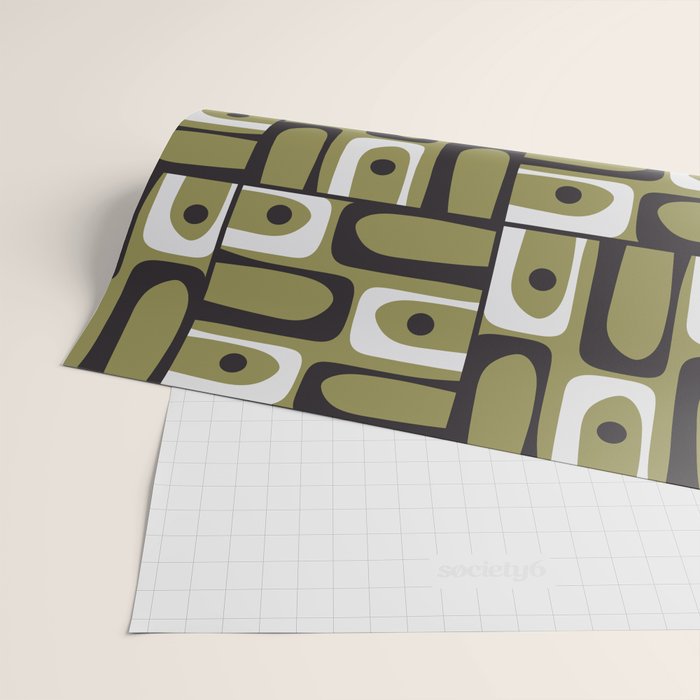 Mid Century Modern Abstract Geometric Piquet Multi Pattern in Retro Olive Black White Wrapping Paper Gallery Image 2