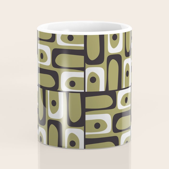 Mid Century Modern Abstract Geometric Piquet Multi Pattern in Retro Olive Black White Coffee Mug Gallery Image 4