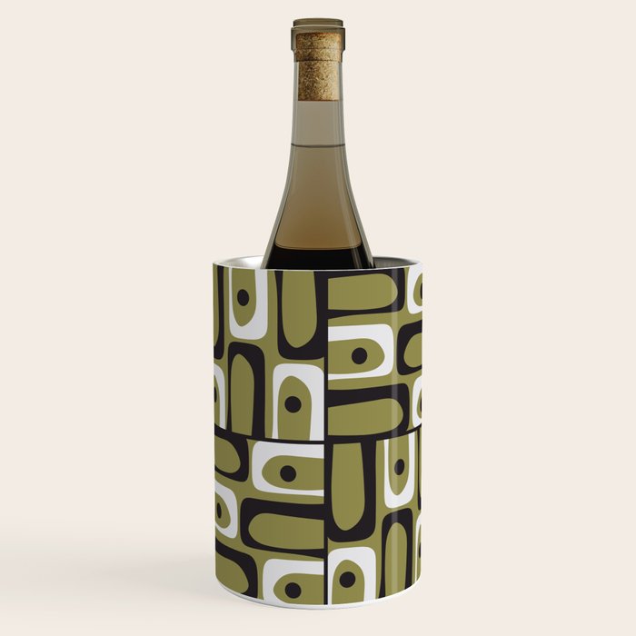 Mid Century Modern Abstract Geometric Piquet Multi Pattern in Retro Olive Black White Wine Chiller Gallery Image 2