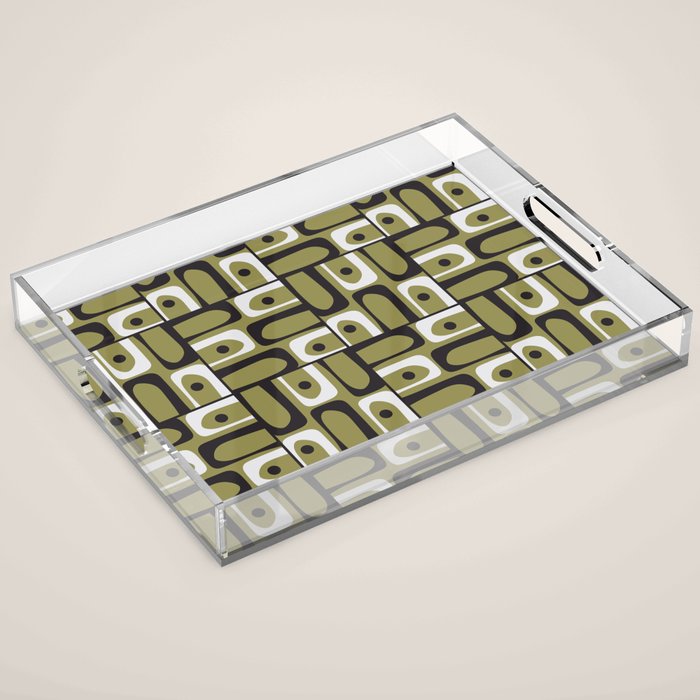 Mid Century Modern Abstract Geometric Piquet Multi Pattern in Retro Olive Black White Acrylic Tray Gallery Image 1