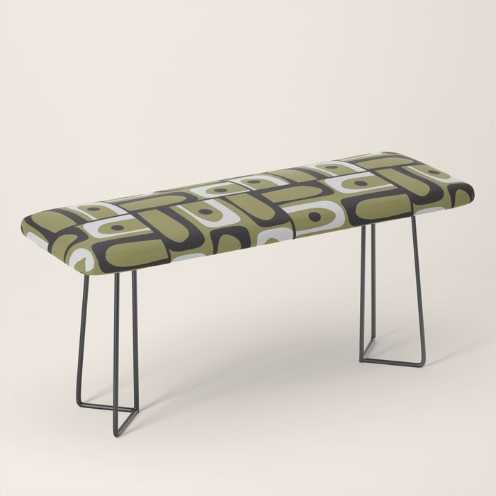 Mid Century Modern Abstract Geometric Piquet Multi Pattern in Retro Olive Black White Bench Gallery Image 1