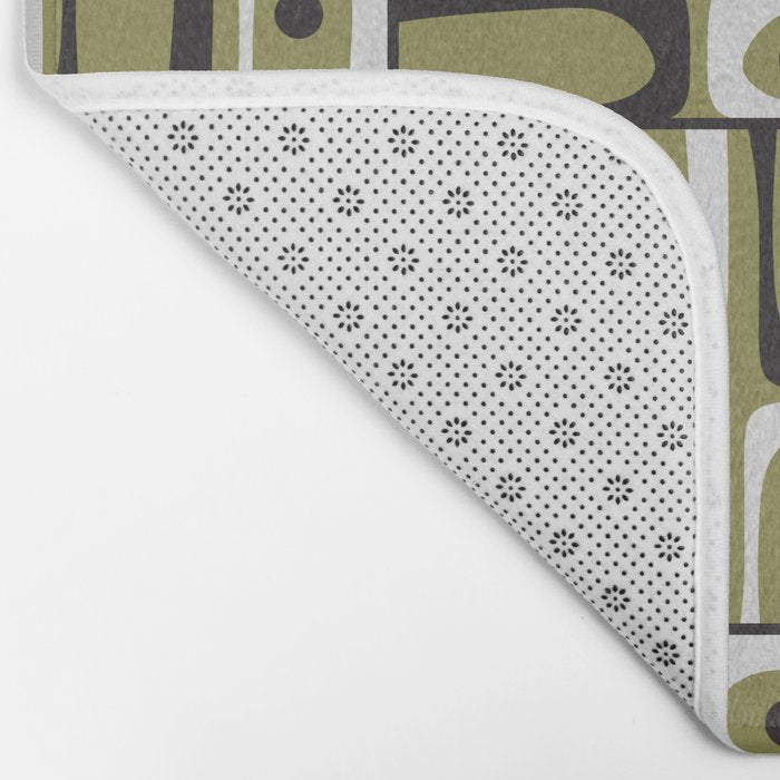 Mid Century Modern Abstract Geometric Piquet Multi Pattern in Retro Olive Black White Bath Mat Gallery Image 2
