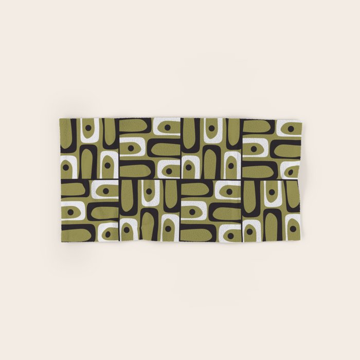 Mid Century Modern Abstract Geometric Piquet Multi Pattern in Retro Olive Black White Bath Towel Gallery Image 1